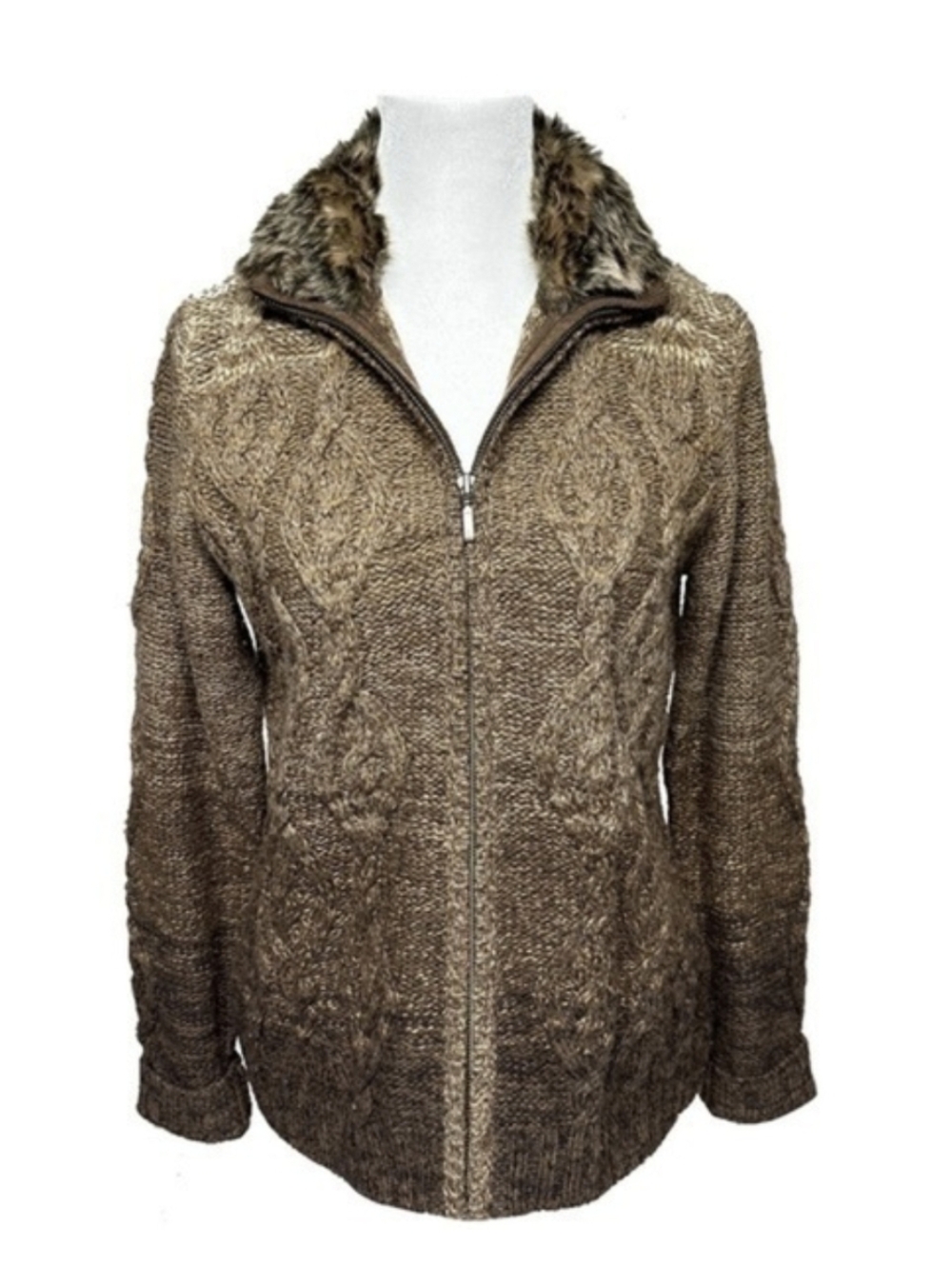 Eddie Bauer Cable Knit Wool Zip Cardigan Ombre Brown Faux Fur Collar